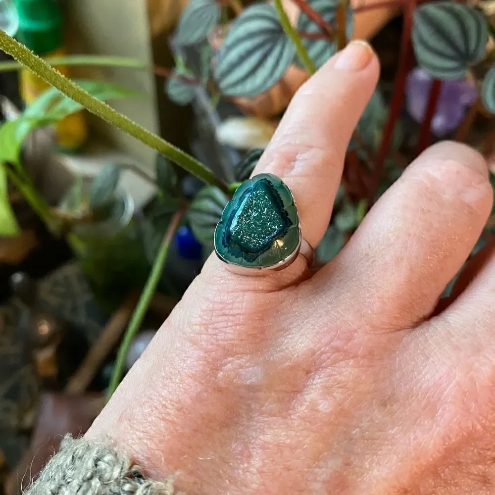 Mediterranean Green Carved Aura Druzy Sterling Silver Size 6.5